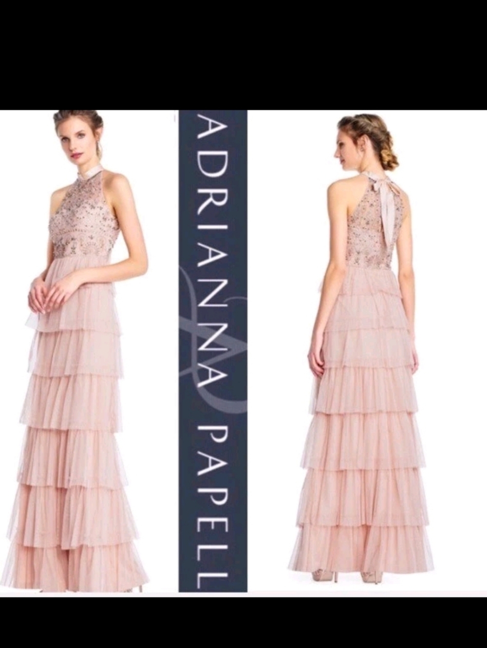 Adrianna Papell Blush Pink Tiered Tulle Skirt Beaded Bodice Ball Gown Dress NEW